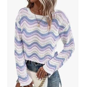 Pastel Wave Open Knit Sweater Large Cottage Y2K Soft Girl Lightweight Coquette